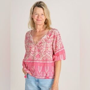 NATURAL LIFE  Heidi Pink and Cream Boho Blouse